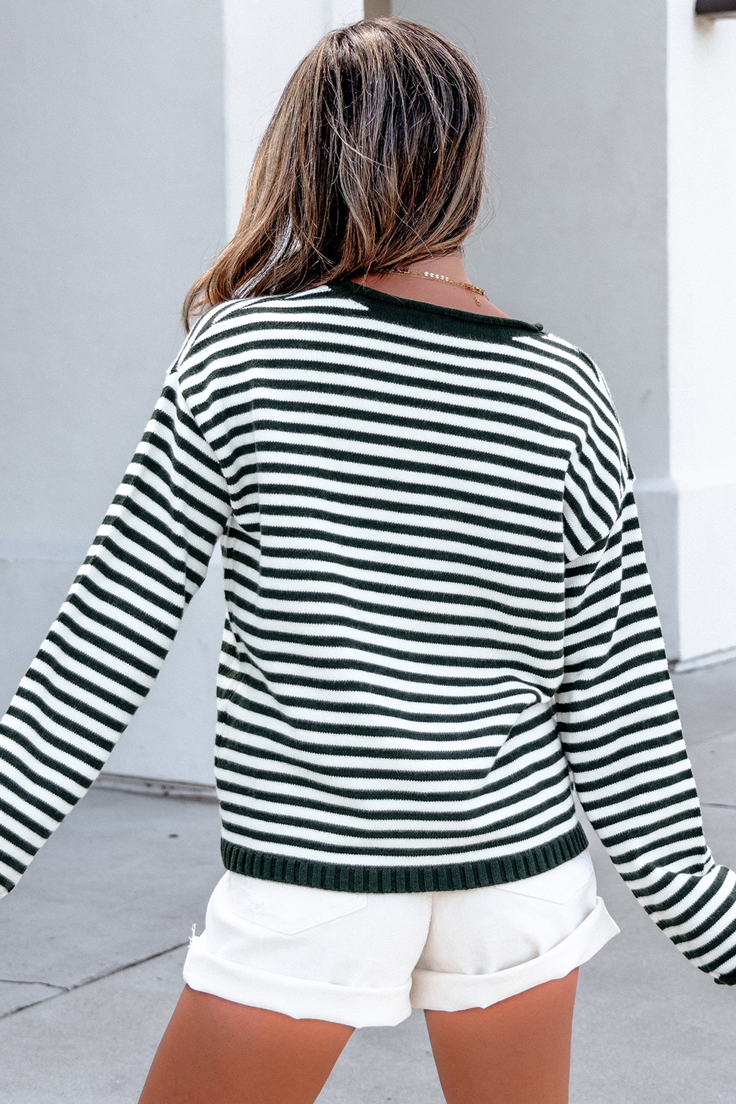 Green Striped Button-Placket Sweater