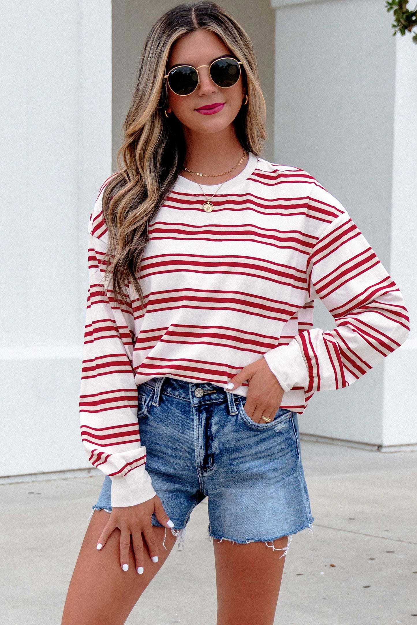 Red Striped Drop-Shoulder Long-Sleeve Top