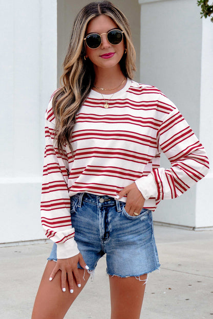 Red Striped Drop-Shoulder Long-Sleeve Top