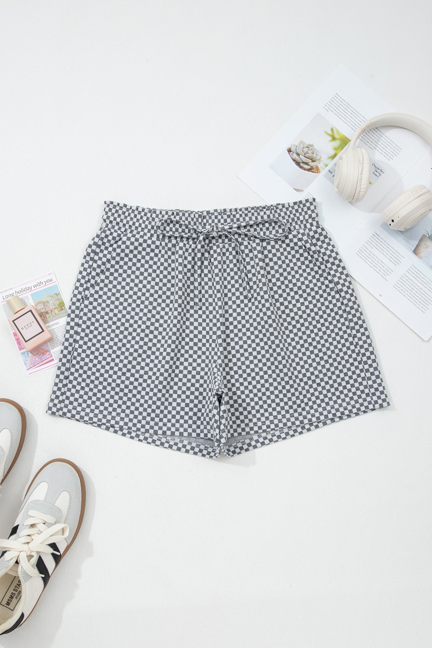 Gray Checkerboard Drawstring Shorts
