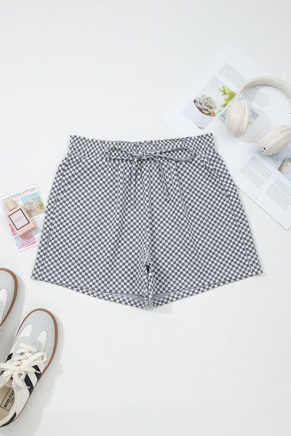 Gray Checkerboard Drawstring Shorts