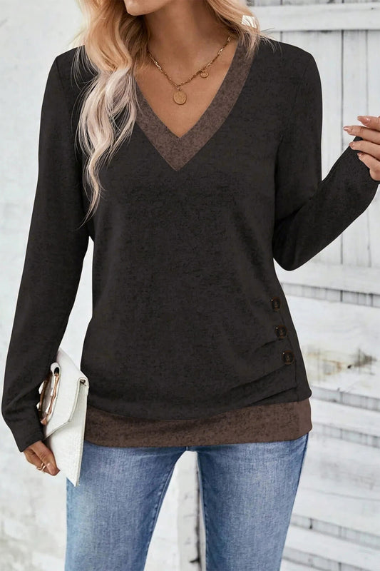 Chicory Coffee Contrast-Trim V-Neck Top