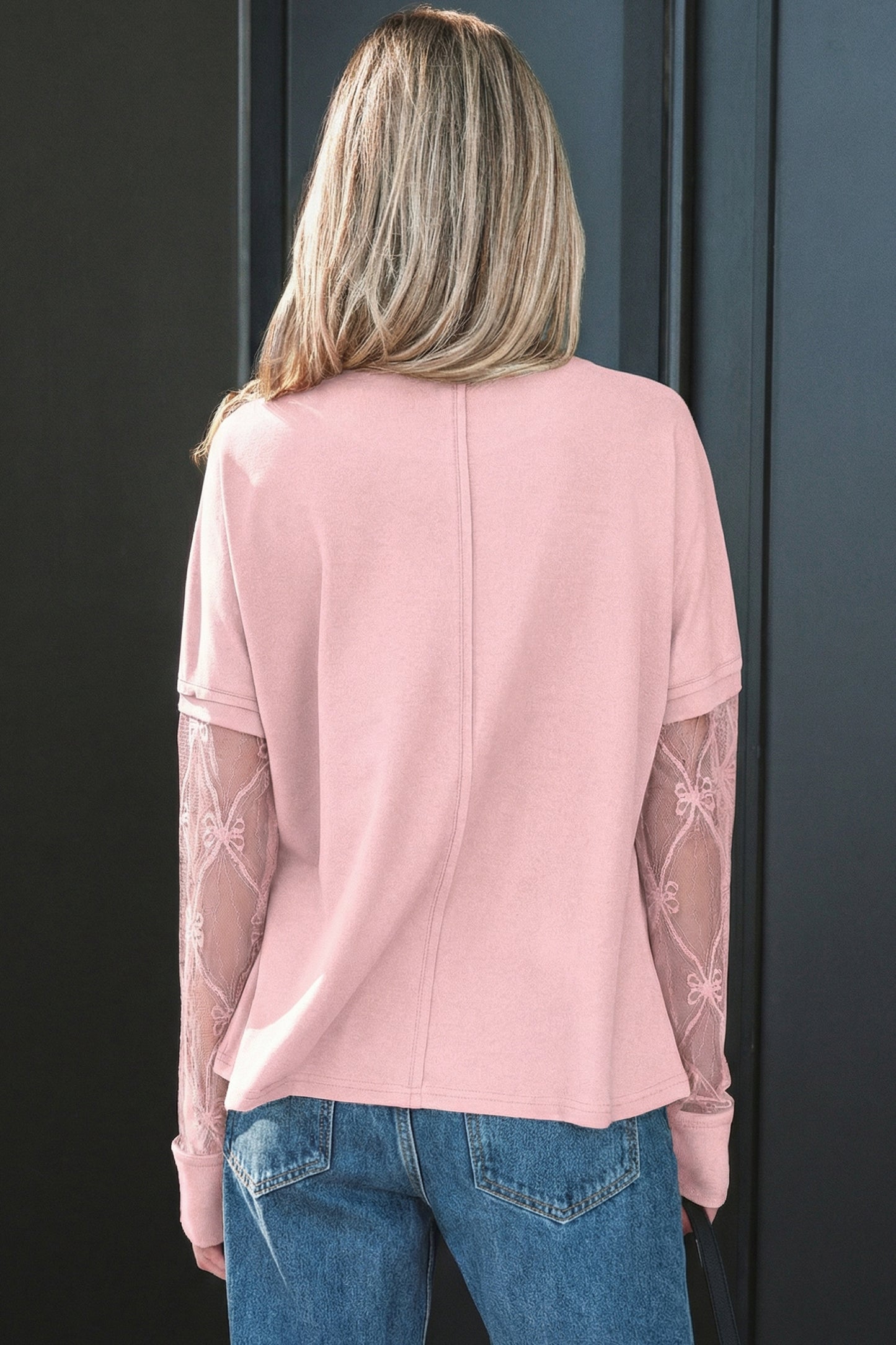 Black Floral-Lace Sleeve Long-Sleeve T-Shirt