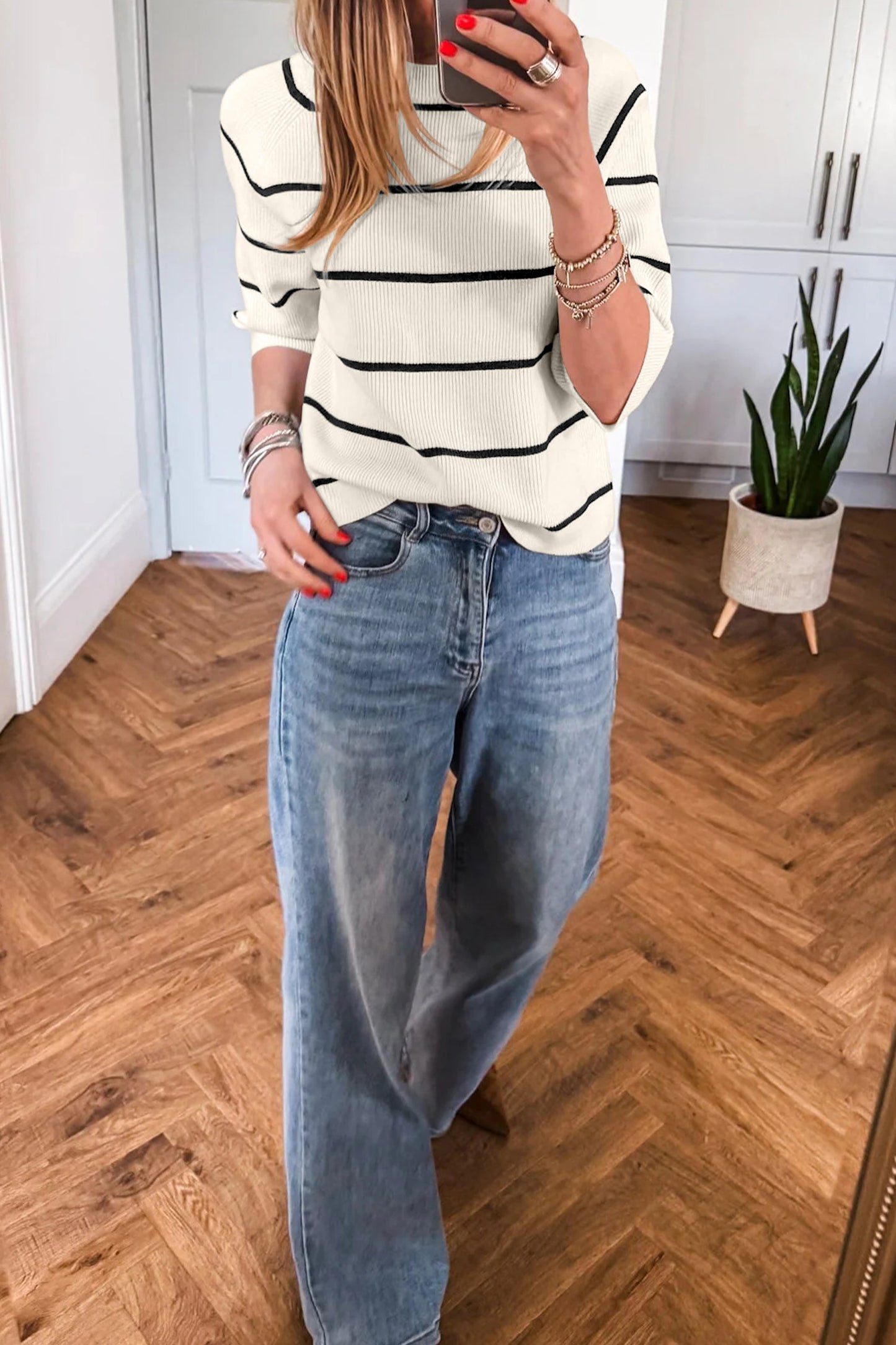 White Stripe Ribbed Short-Sleeve Knit Top