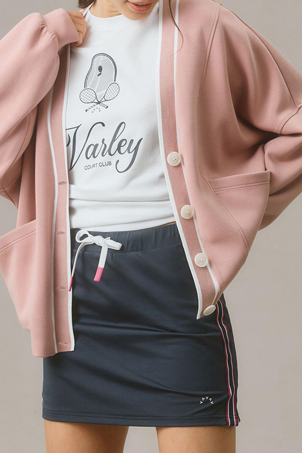 Pink Contrast-Trim Button-Front Knit Cardigan