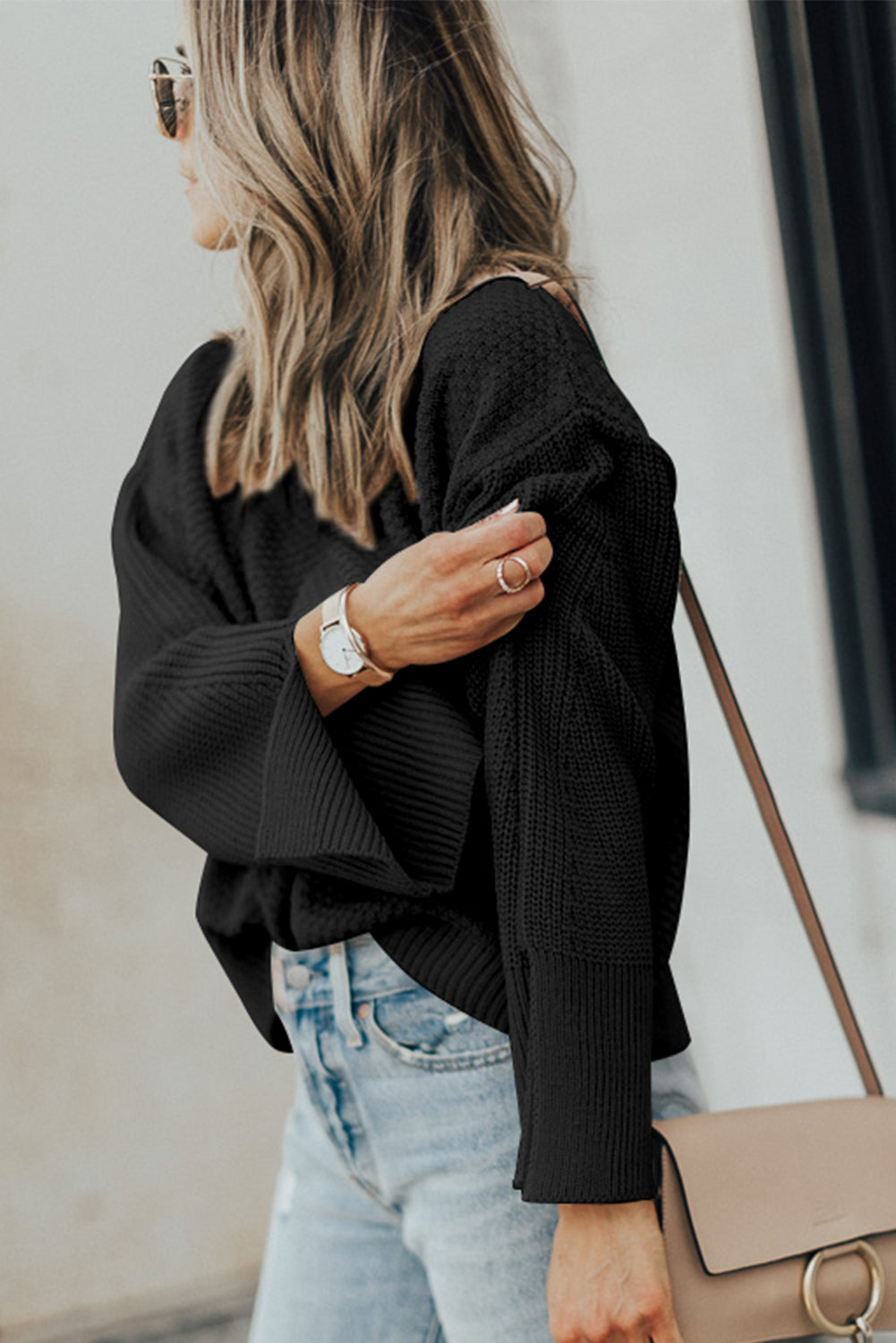Parchment Split-Cuff Textured Knit Sweater
