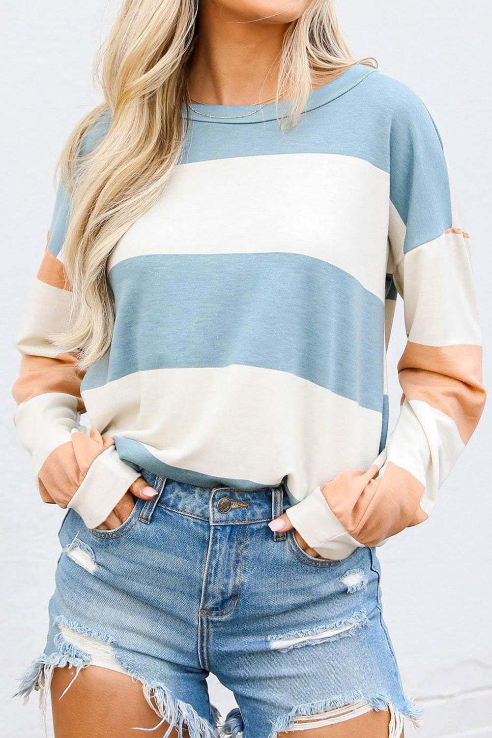 Light Blue Color-Block Striped Long-Sleeve Top