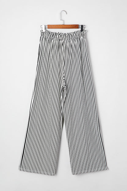 Black Stripe Tied High-Waist Loose Straight Casual Pants