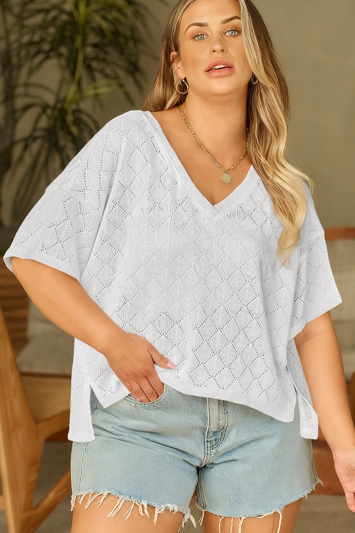 Golden Fleece Pointelle V-Neck Knit Top