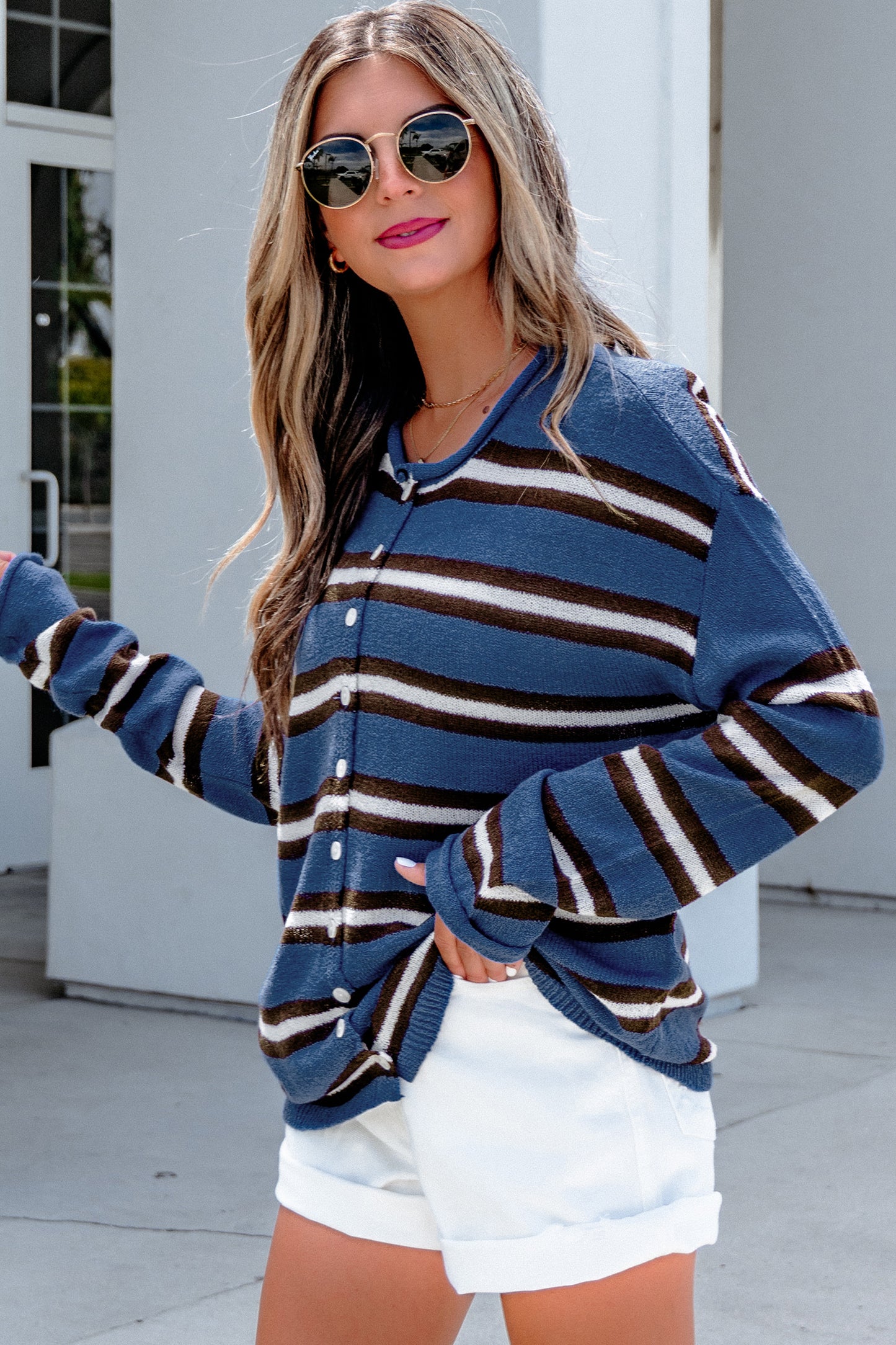 Blue Striped Drop-Shoulder Cardigan