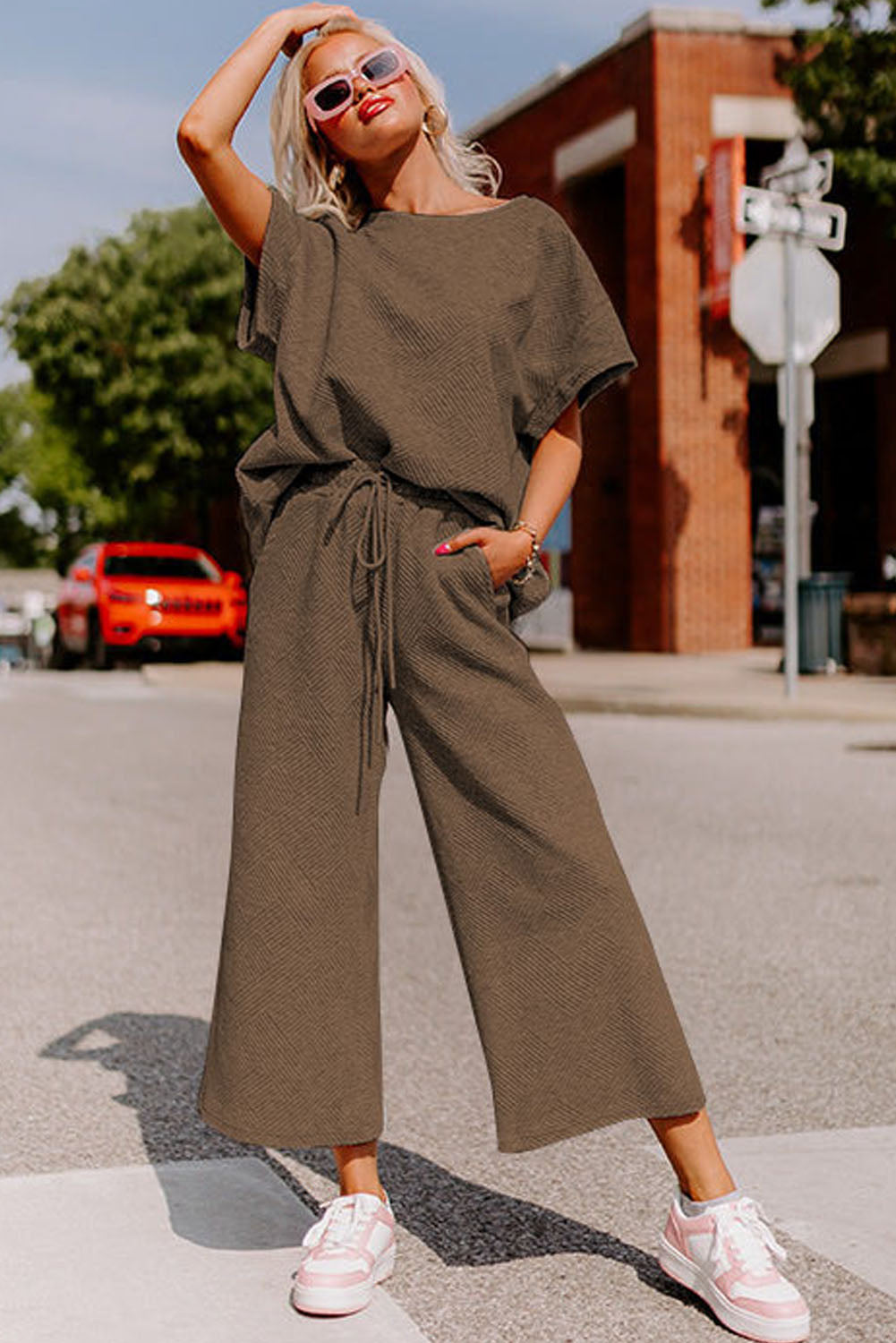 Gray Textured T-Shirt and Pants Set