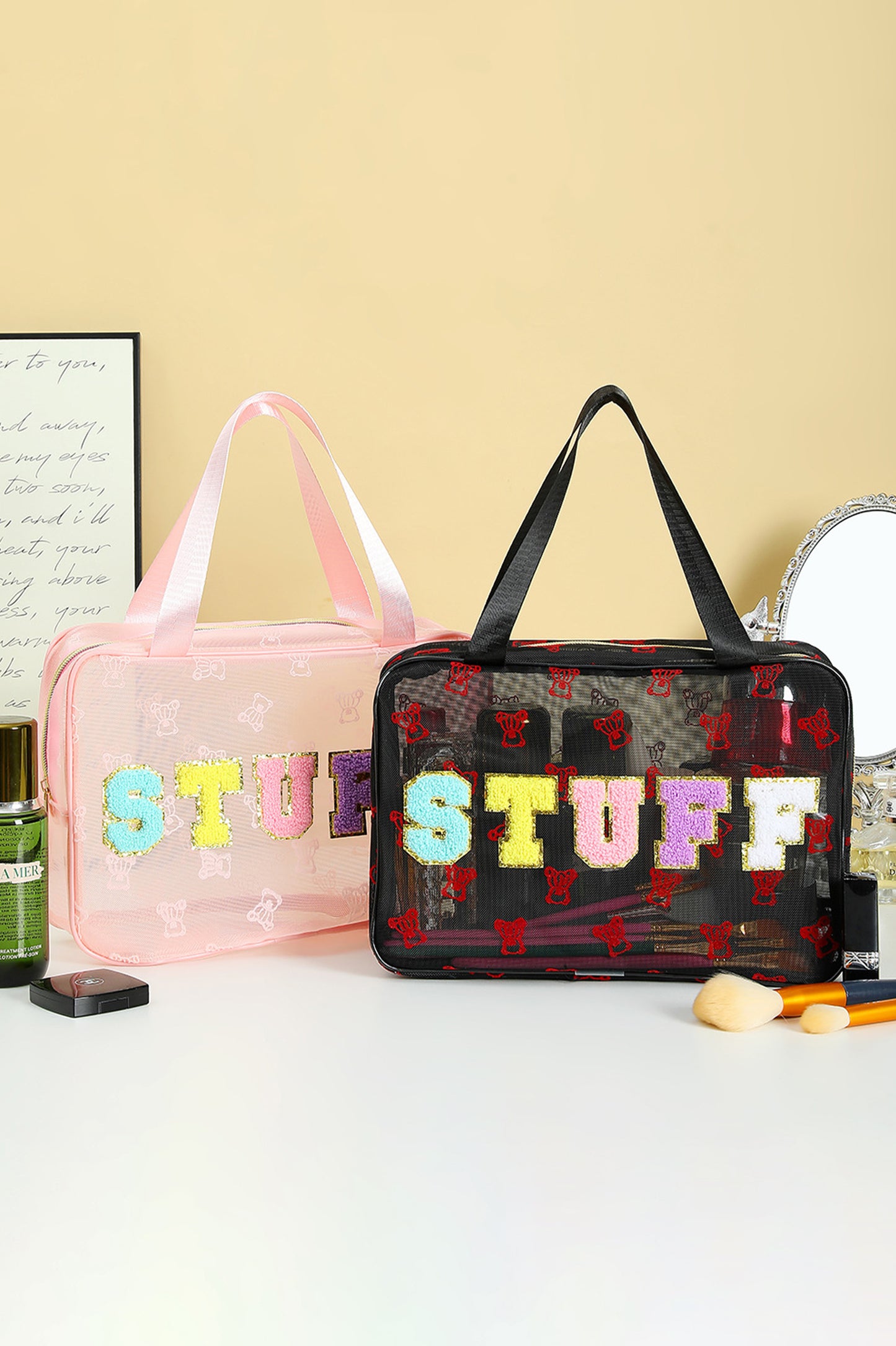 Black STUFF Teddy-Bear Graphic Makeup Bag