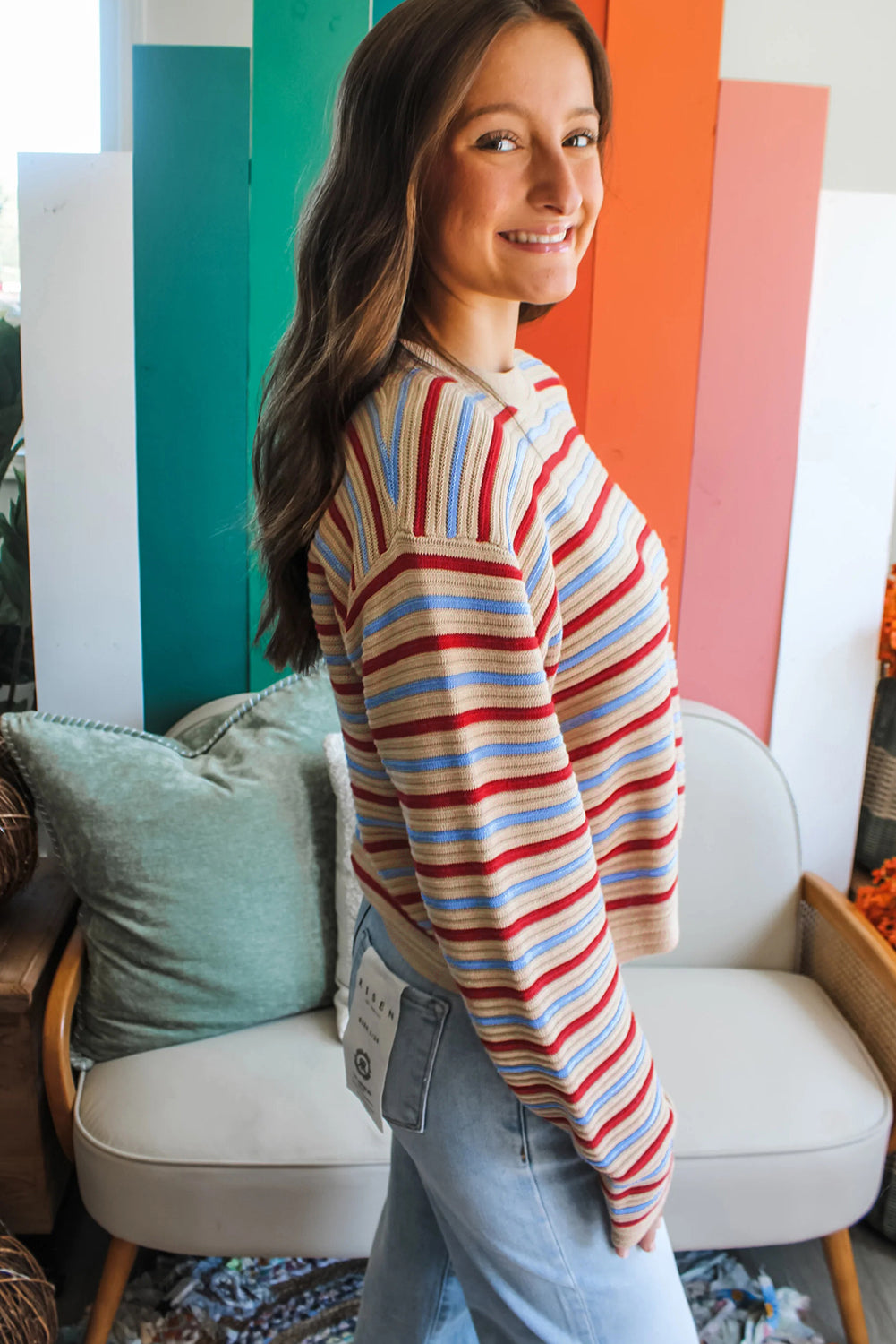 Khaki Multicolor Striped Cropped Sweater