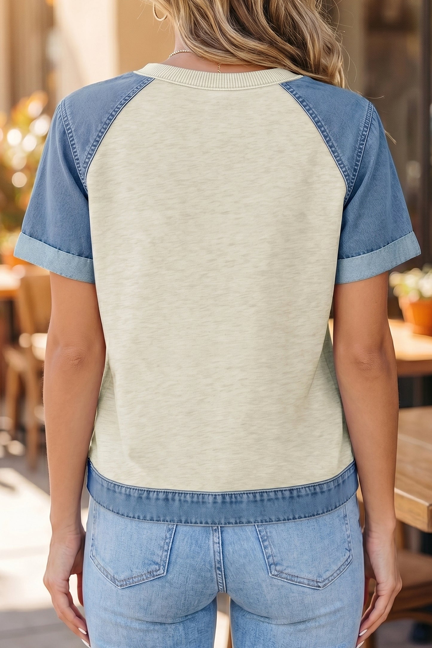 Parchment Denim Color Block Patchwork Round-Neck Tee