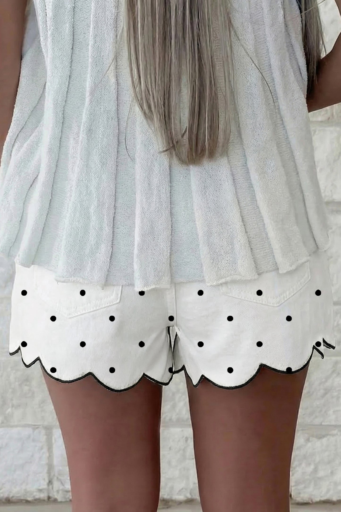 White Polka Dot Print Embroidered Scallop Hem Shorts