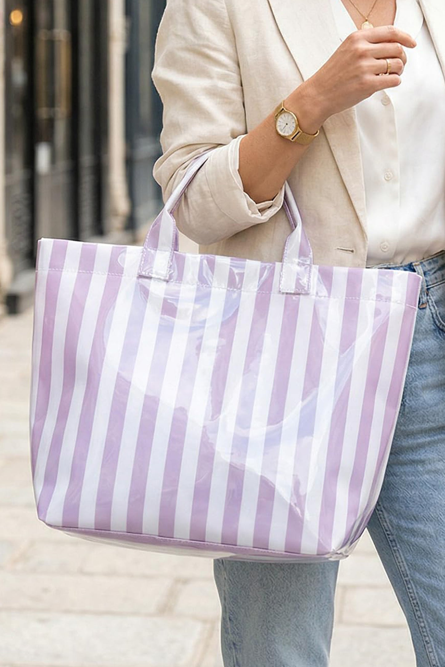 Red Glossy Striped Vinyl Large Tote Bag (Color Varied)