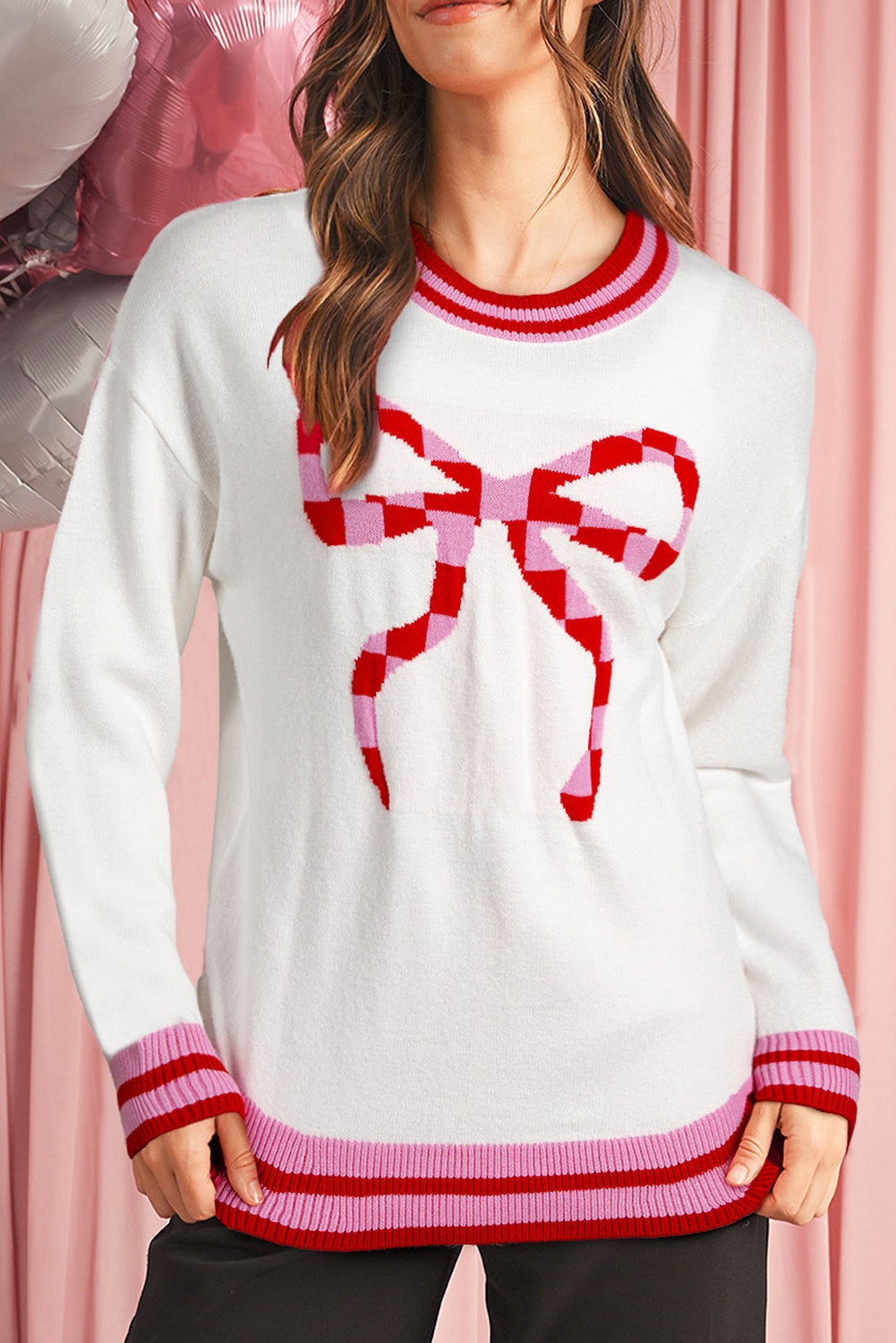 White Bow-Graphic Striped-Trim Sweater