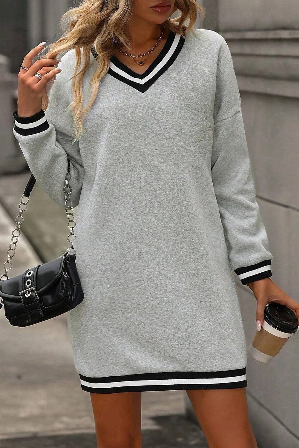 Light Grey Striped Trim V-Neck Long-Sleeve Preppy T-Shirt Dress