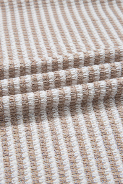 Beige Striped Textured V-Neck Knit Top