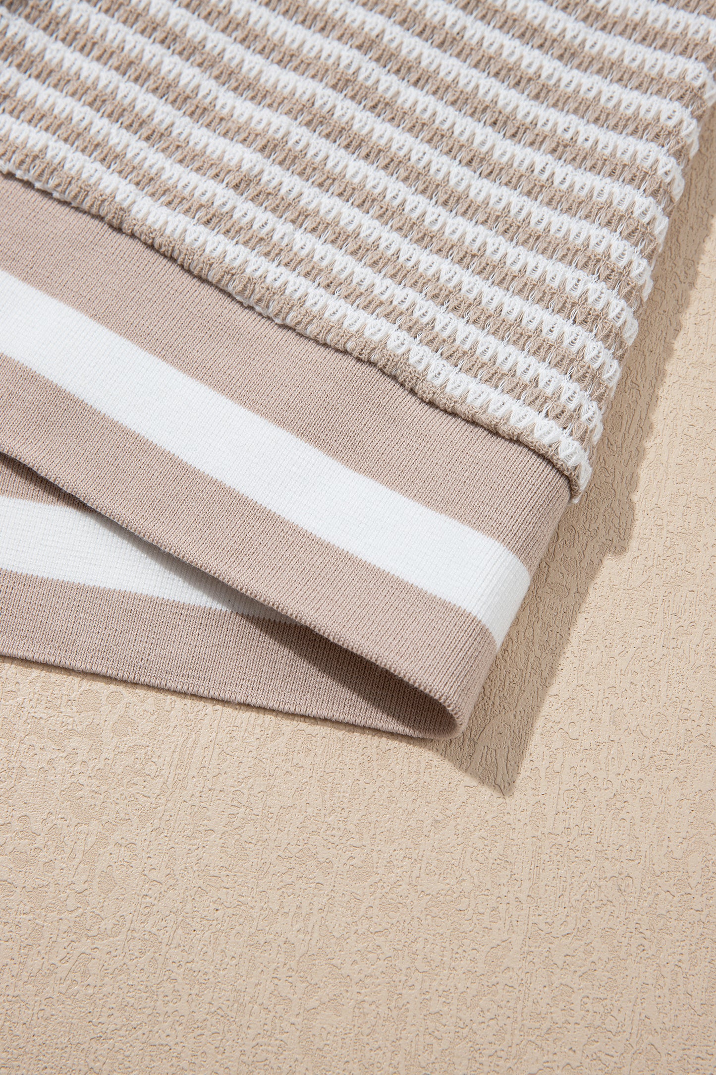Beige Striped Textured V-Neck Knit Top