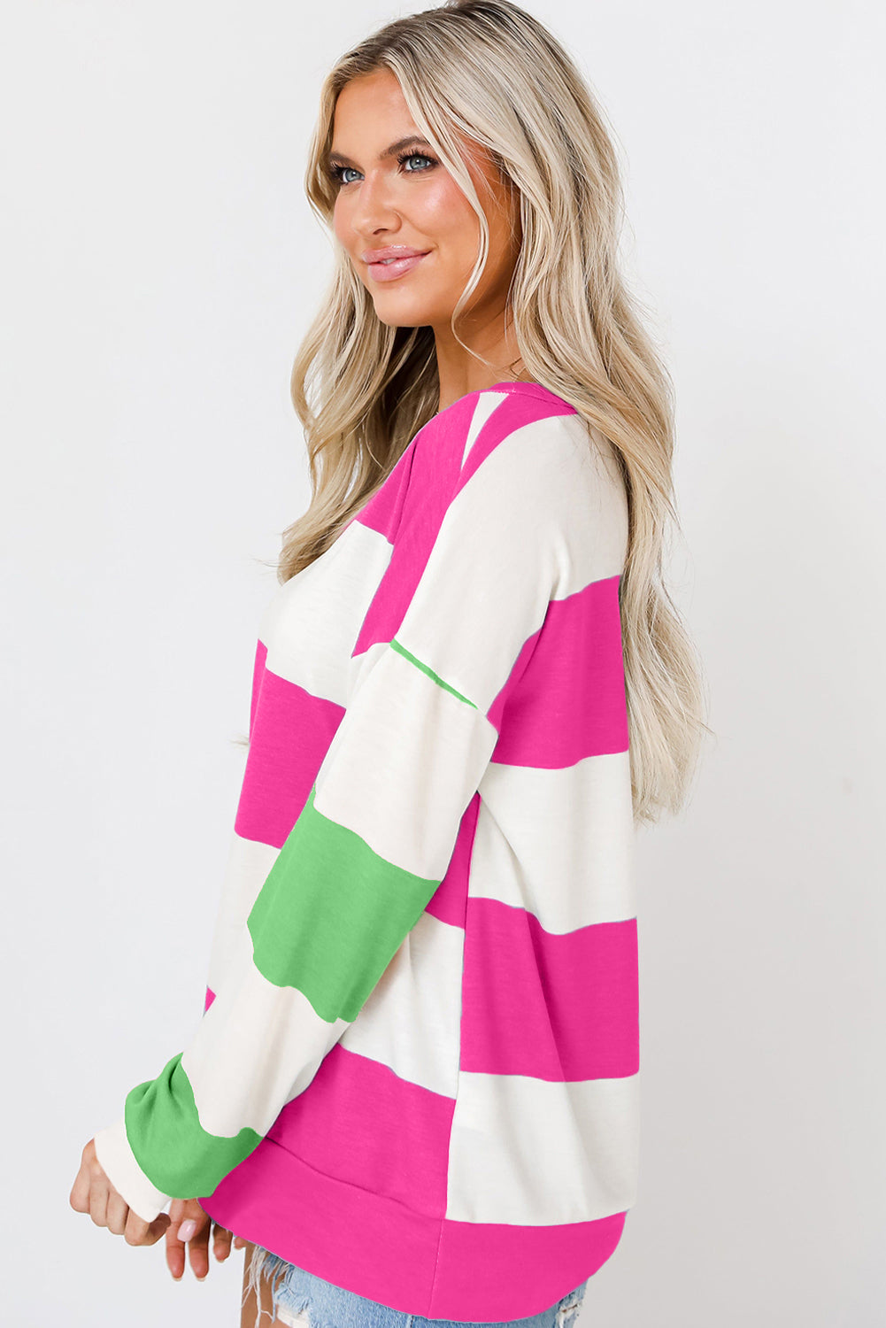Light Blue Color-Block Striped Long-Sleeve Top