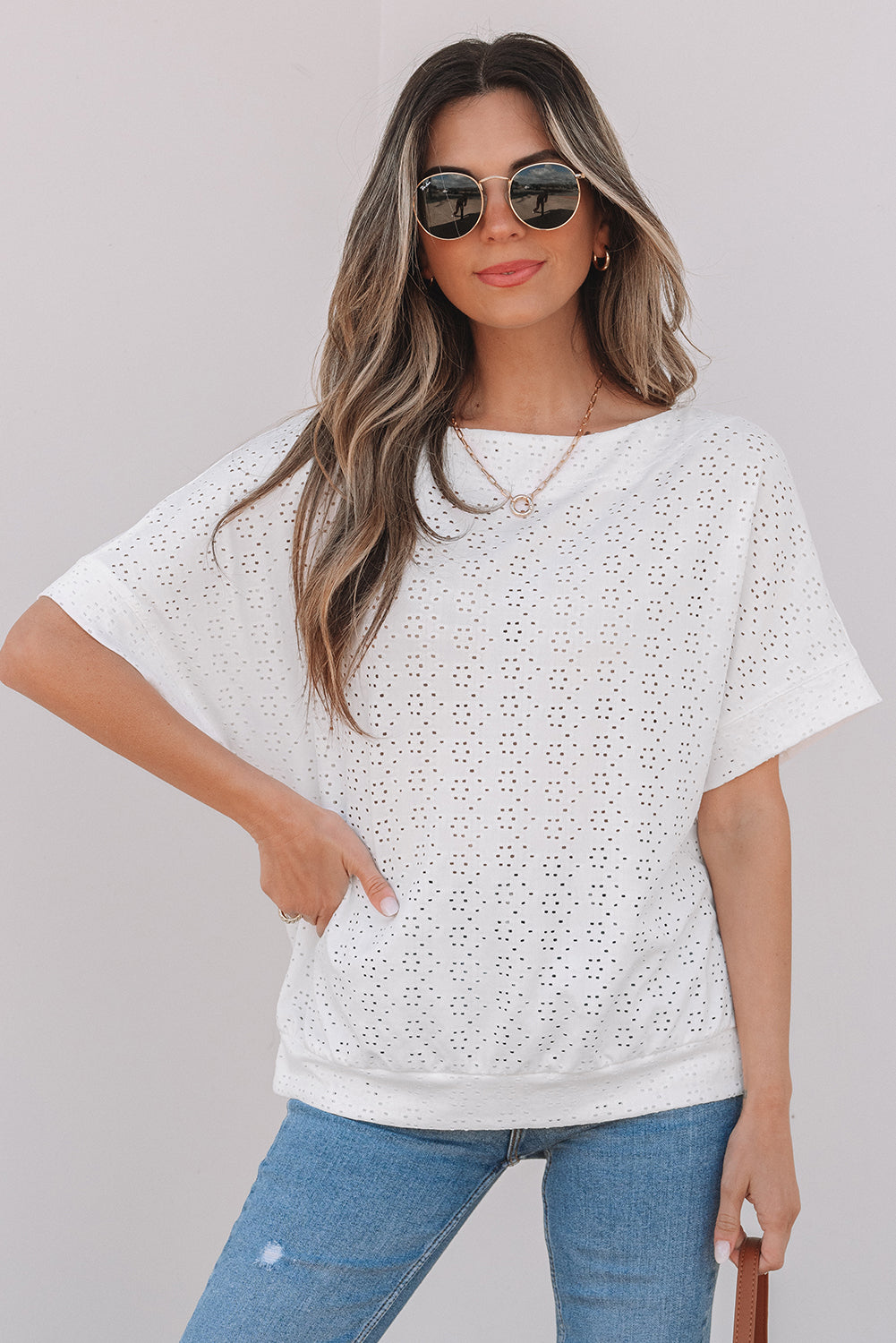 White Eyelet Boat-Neck Tee