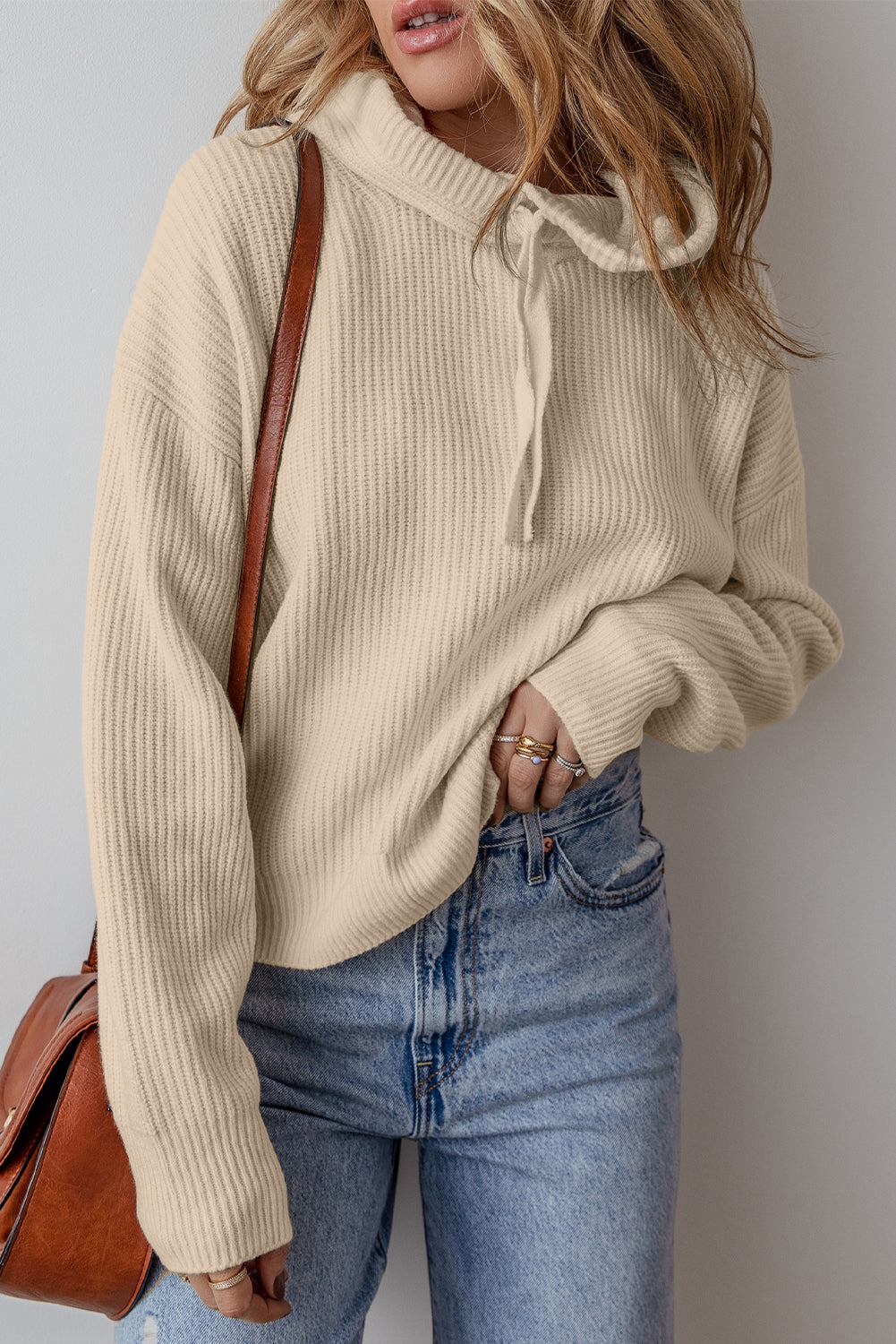 Beige Drawstring-Hood Knit Pullover Sweater