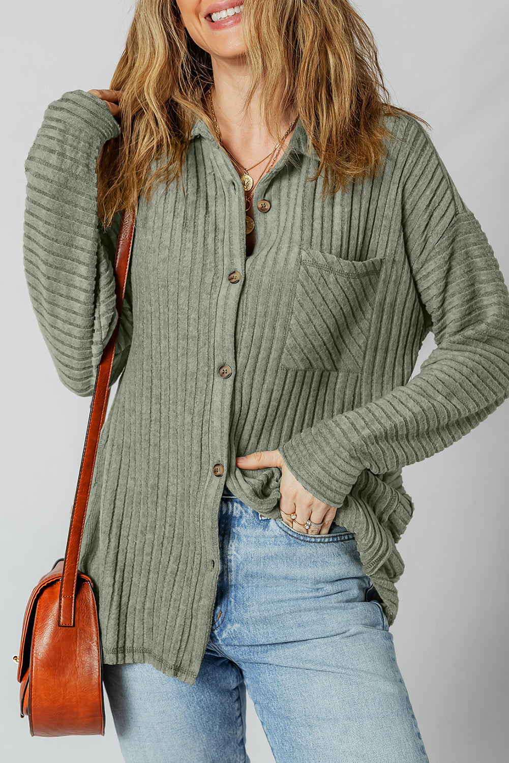 Mist Green Ribbed Button-Up Shacket