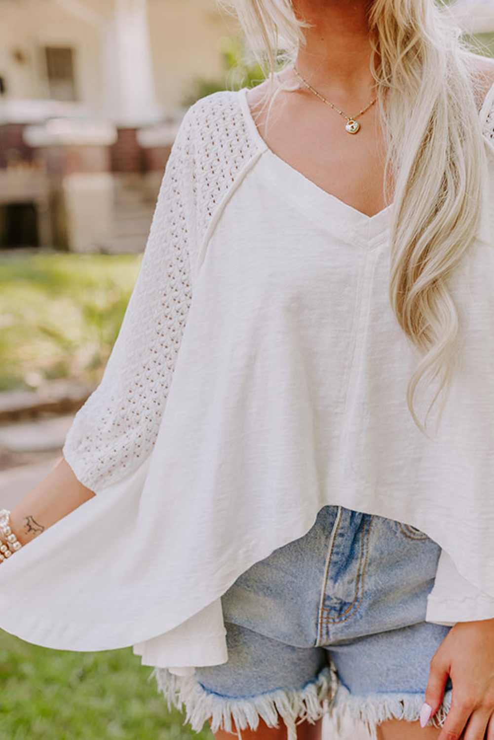 White Eyelet Patchwork Oversized V-Neck Blouse