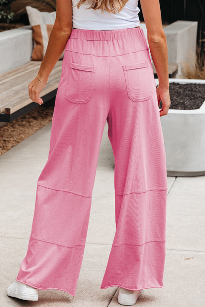 Bonbon Mineral Wash Exposed Seam Drawstring Elastic Waistband Wide-Leg Cargo Pants