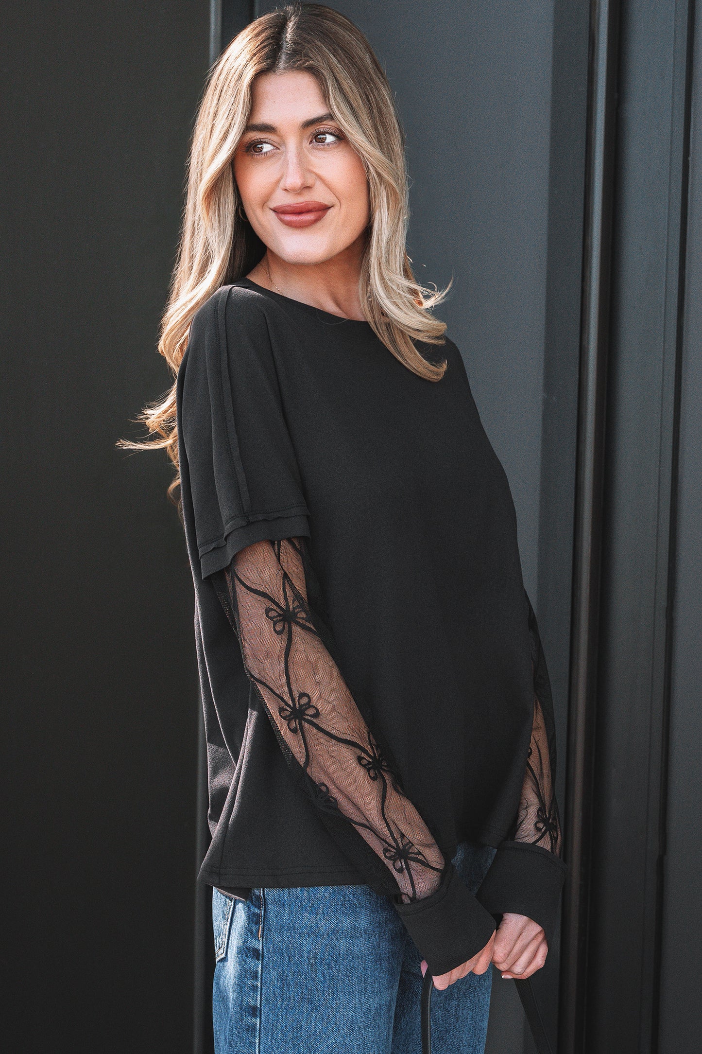 Black Floral-Lace Sleeve Long-Sleeve T-Shirt