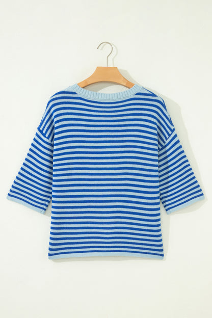 Blue Striped Half-Sleeve Button-Down Cardigan