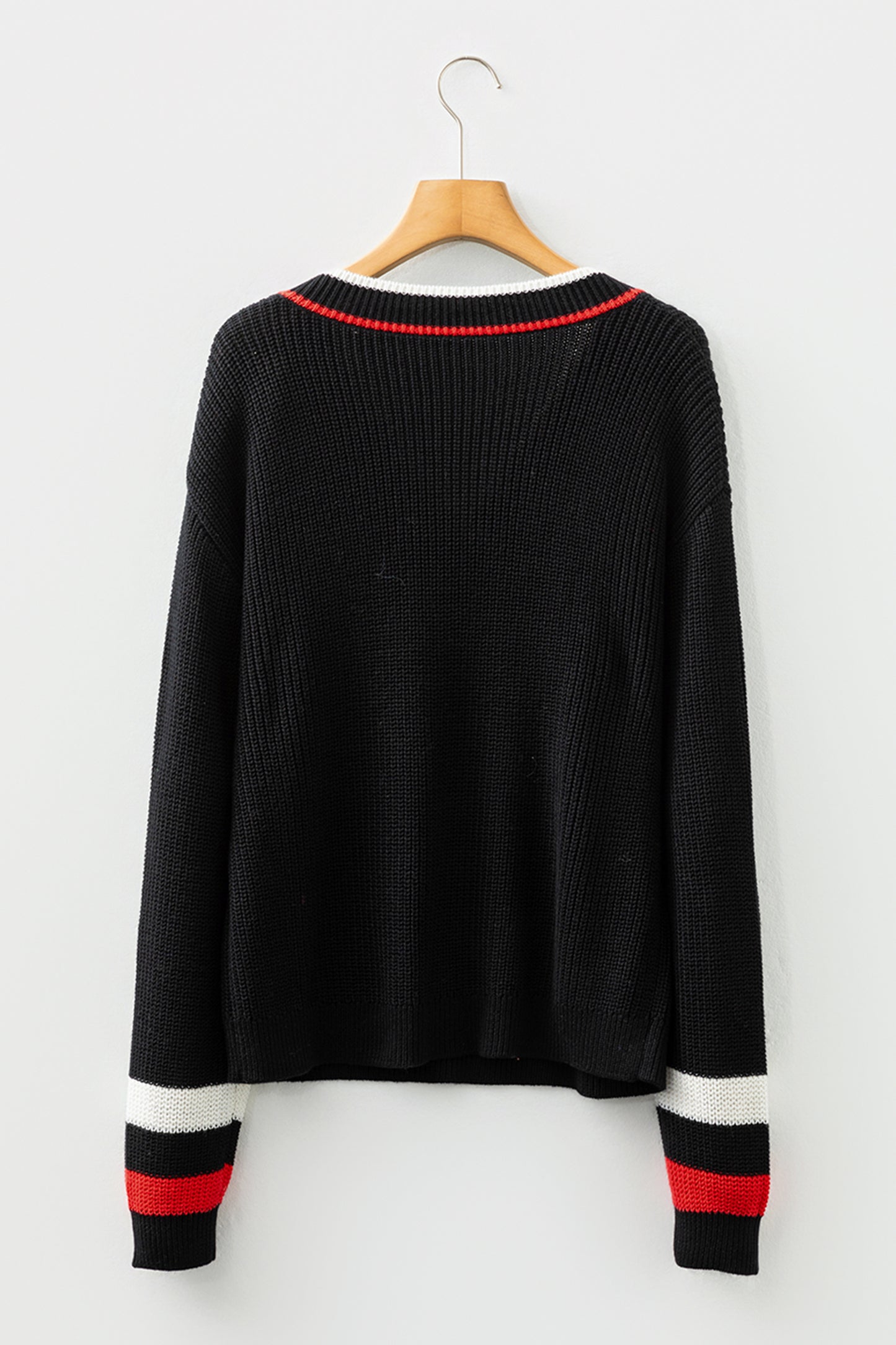 Black Striped-Trim V-Neck Sweater