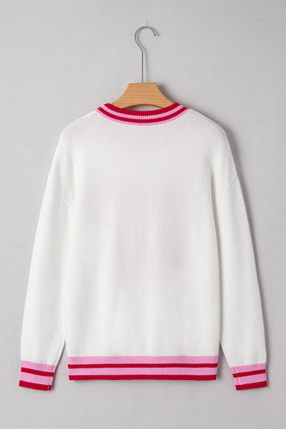 White Bow-Graphic Striped-Trim Sweater