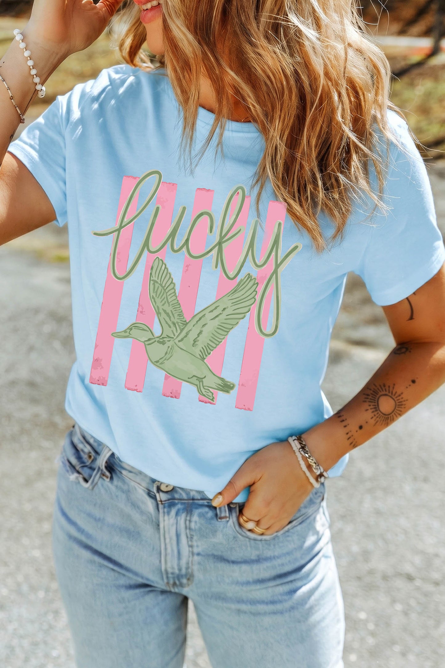 Light Blue Lucky Duck Graphic T-Shirt