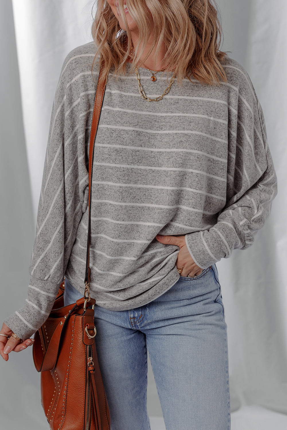 Gray Stripe Dolman-Sleeve Knit Top