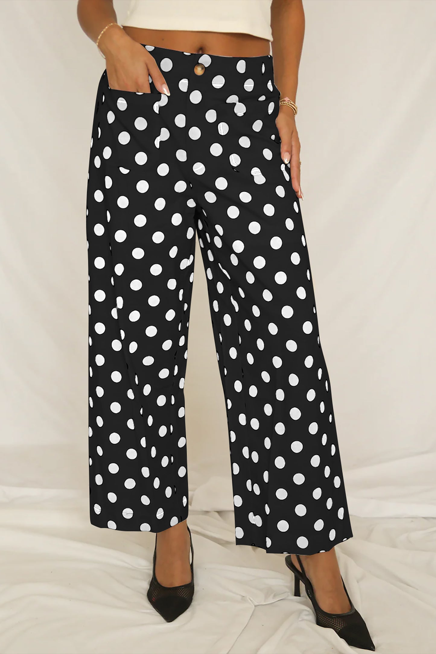 White Polka-Dot Straight-Leg Pants