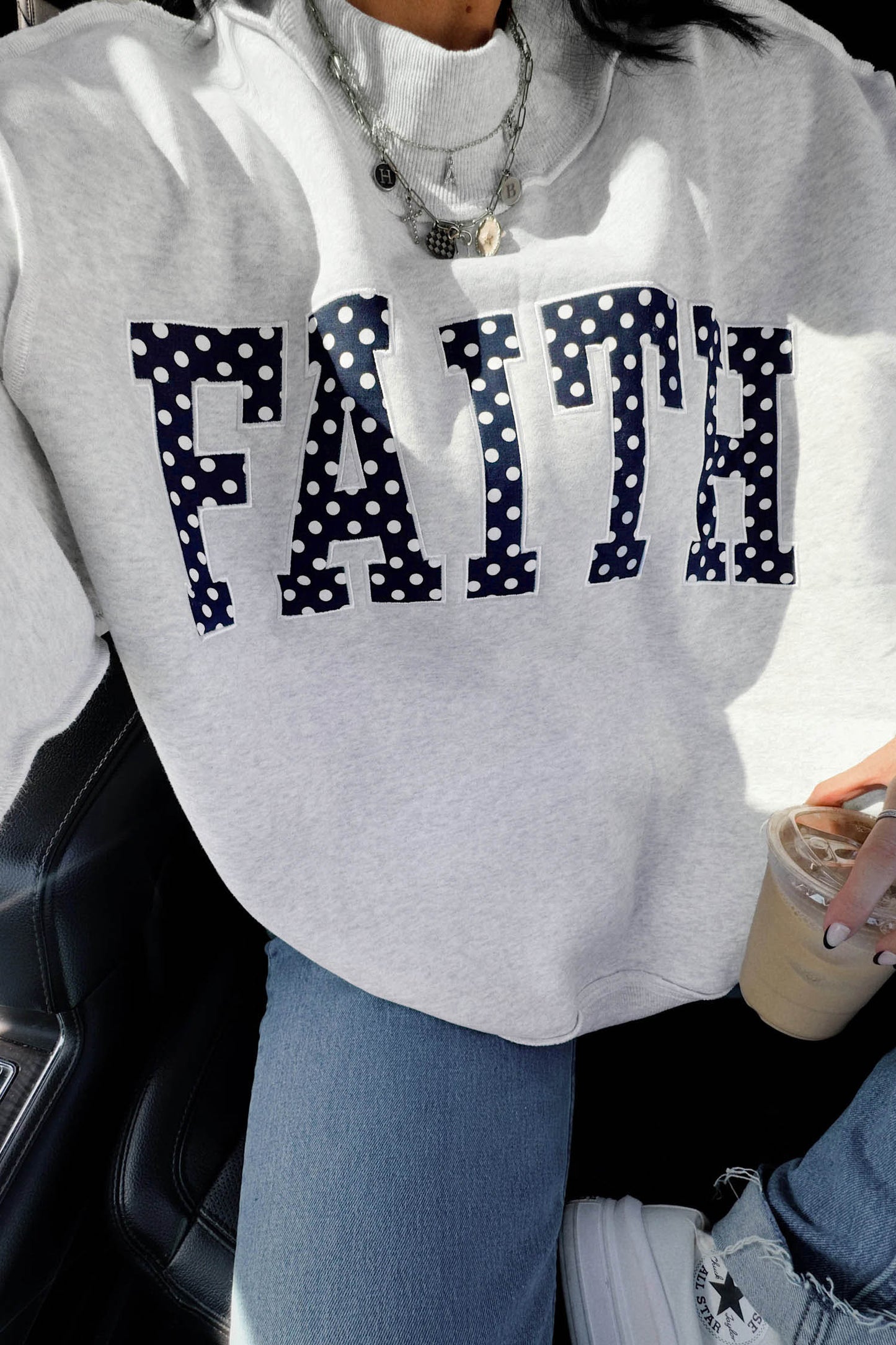 Light Grey High Neck Polka Dot Slogan Printed Baggy Sweatshirt