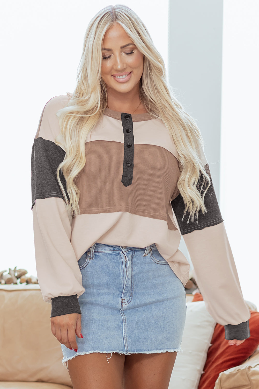 Jet Stream Color-Block Waffle-Knit Henley Top