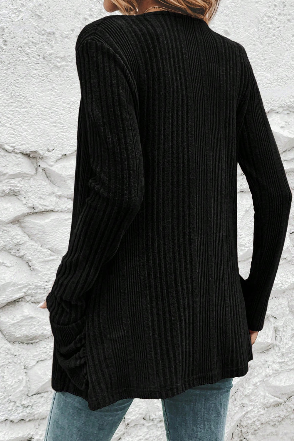 Stone Blue Ribbed Open-Front Cardigan