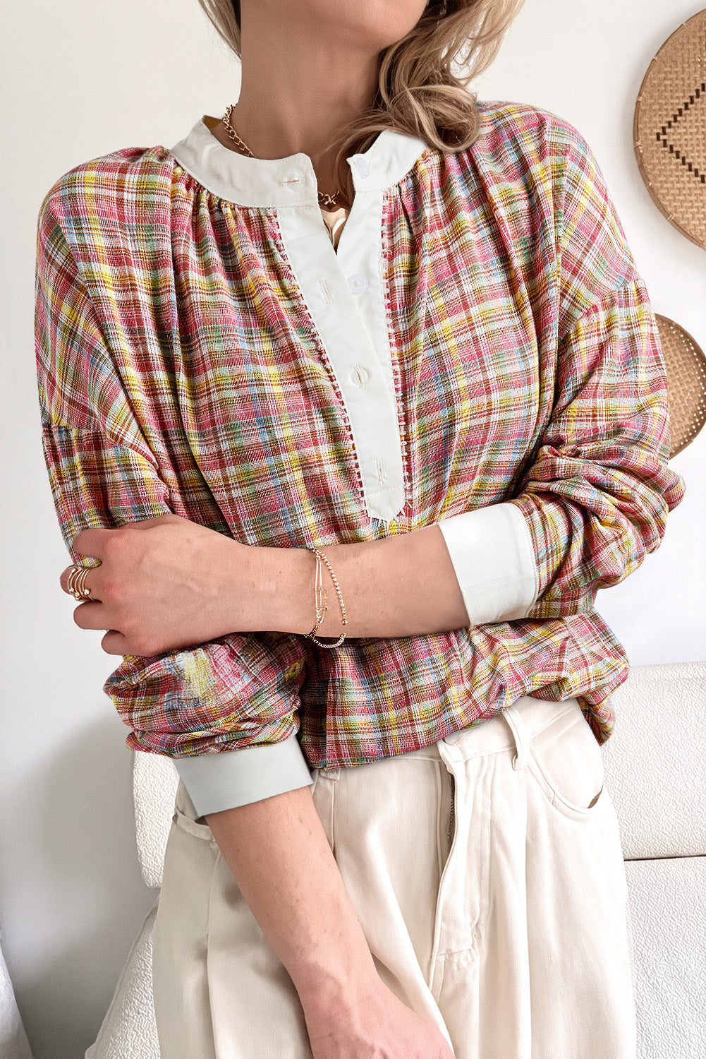 Pink Plaid Contrast-Trim Henley Blouse