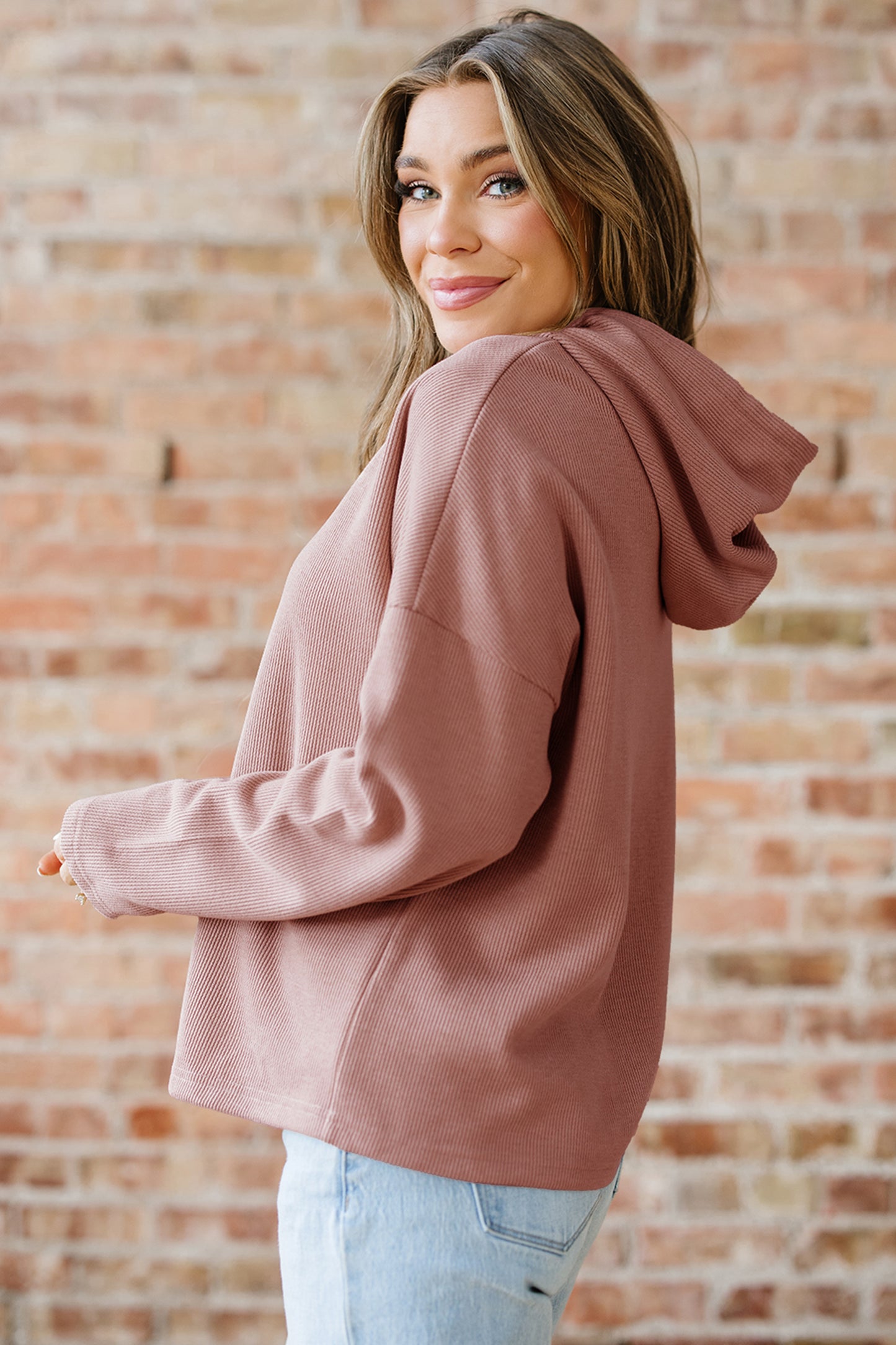 Camel Textured Drawstring Hoodie