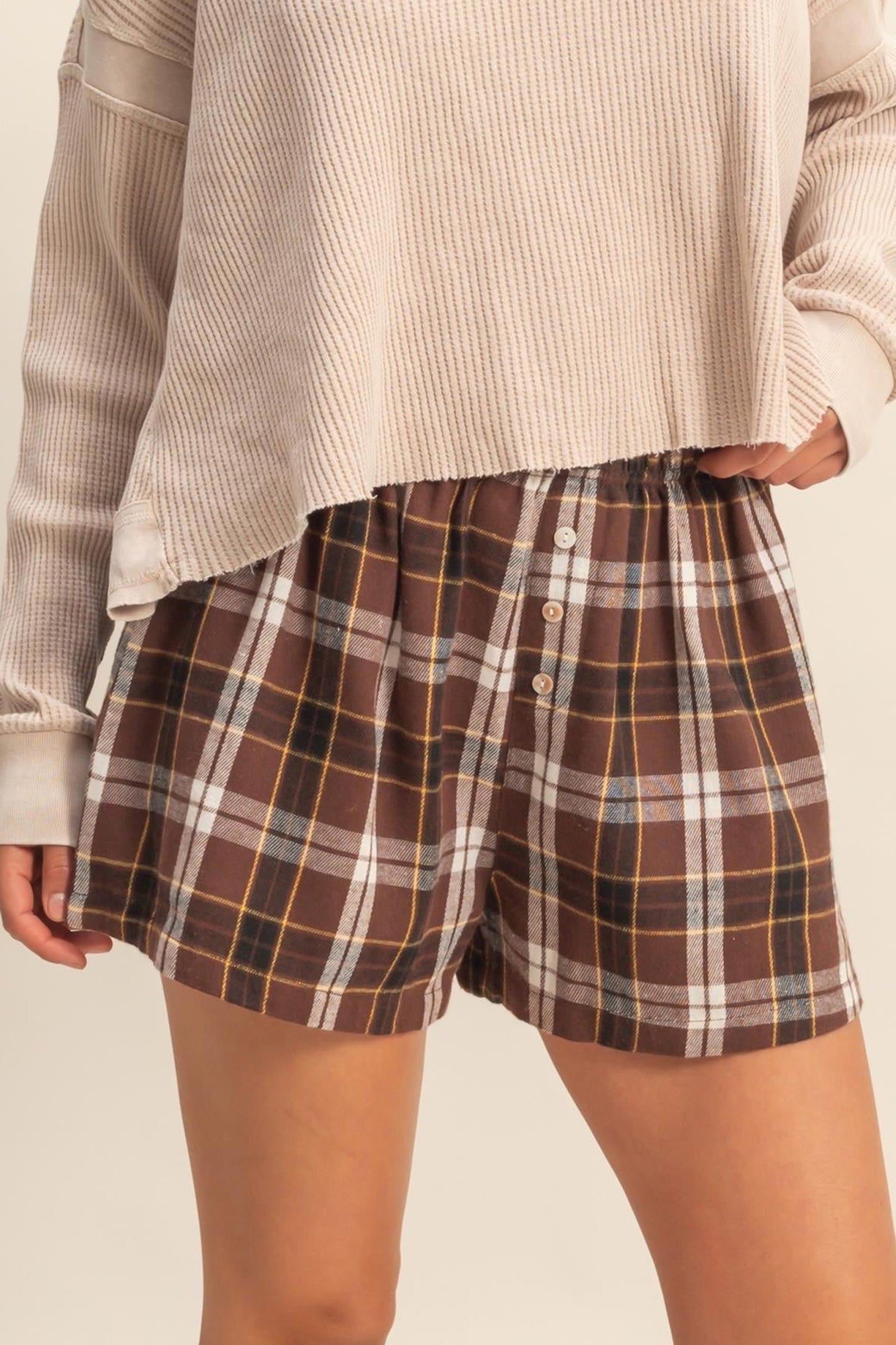 Brown Plaid Button-Front Shorts
