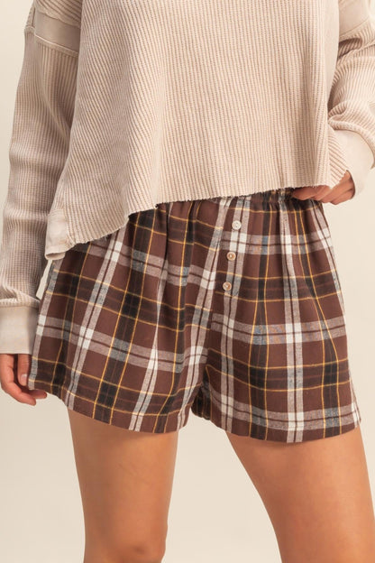 Brown Plaid Button-Front Shorts