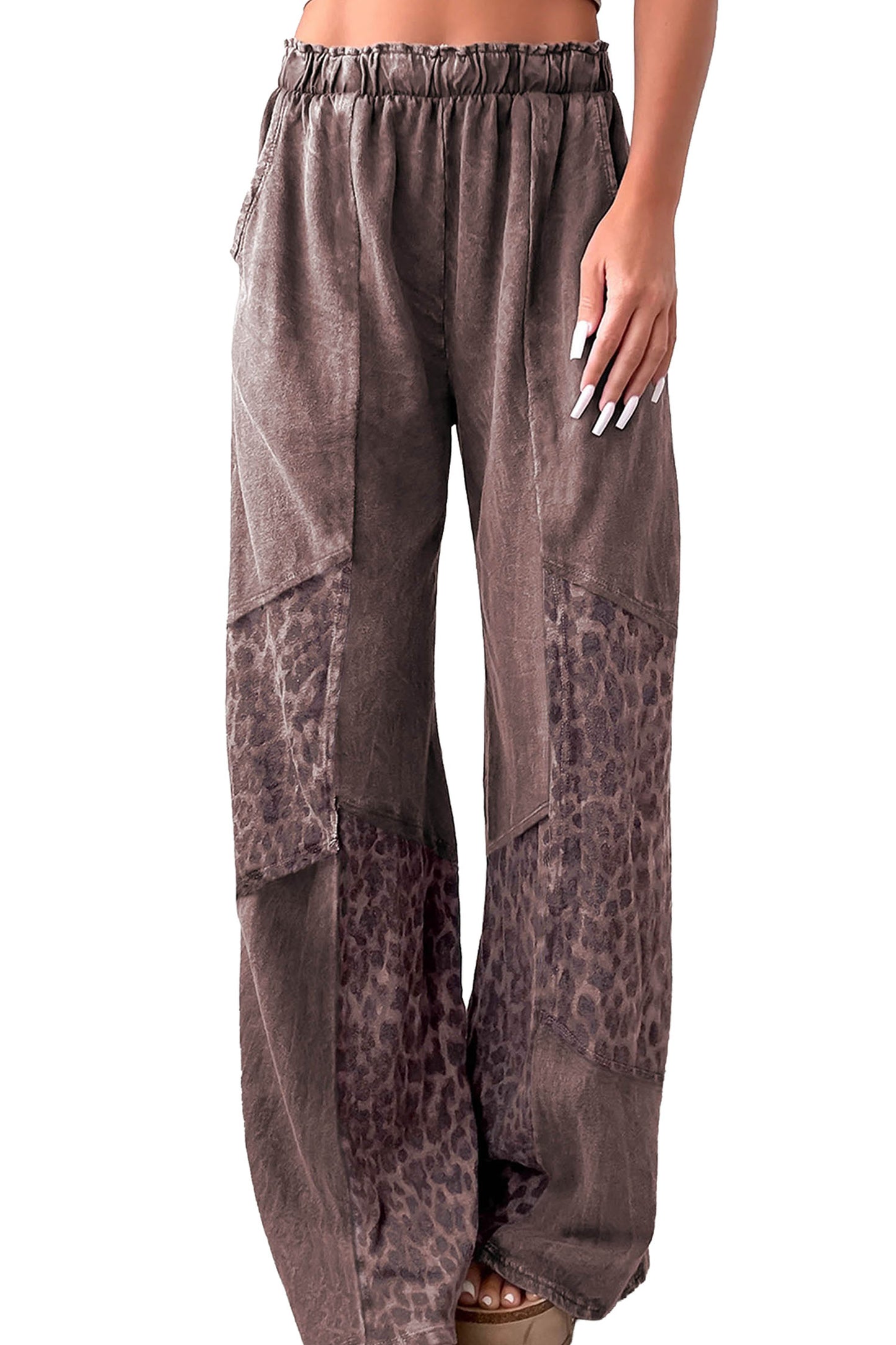 Coffee Leopard-Panel Wide-Leg Pants