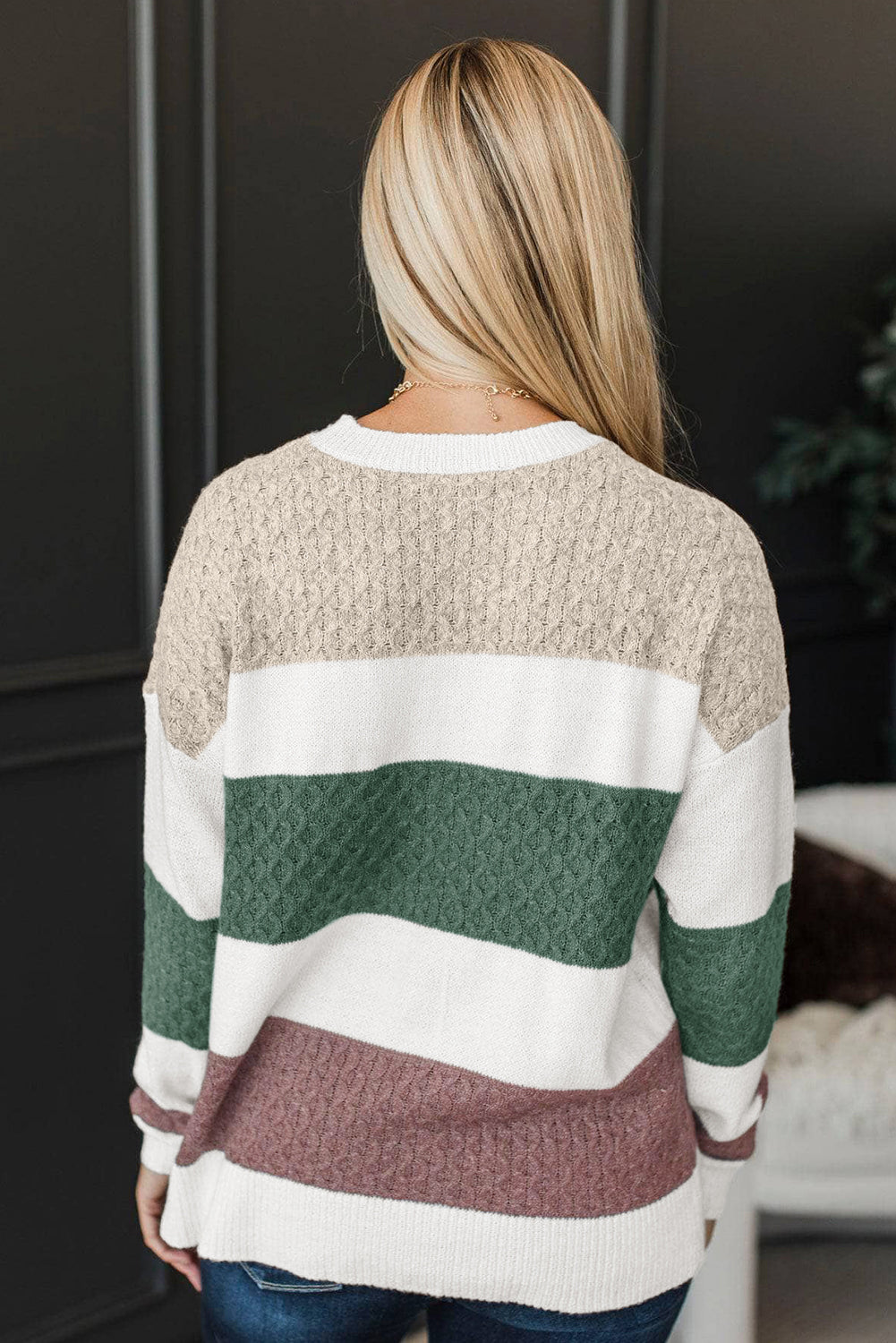 Green Mixed-Knit Color-Block Sweater
