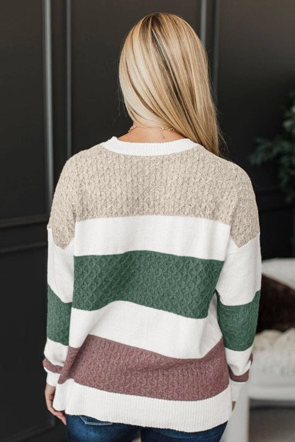 Green Mixed-Knit Color-Block Sweater