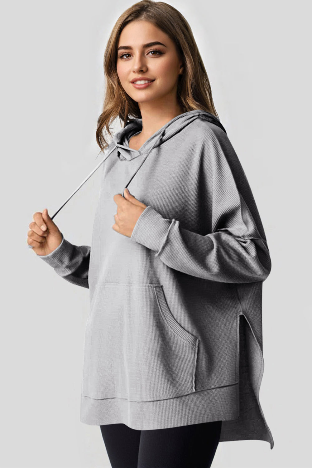 Black Waffle-Knit High-Low Oversized Hoodie