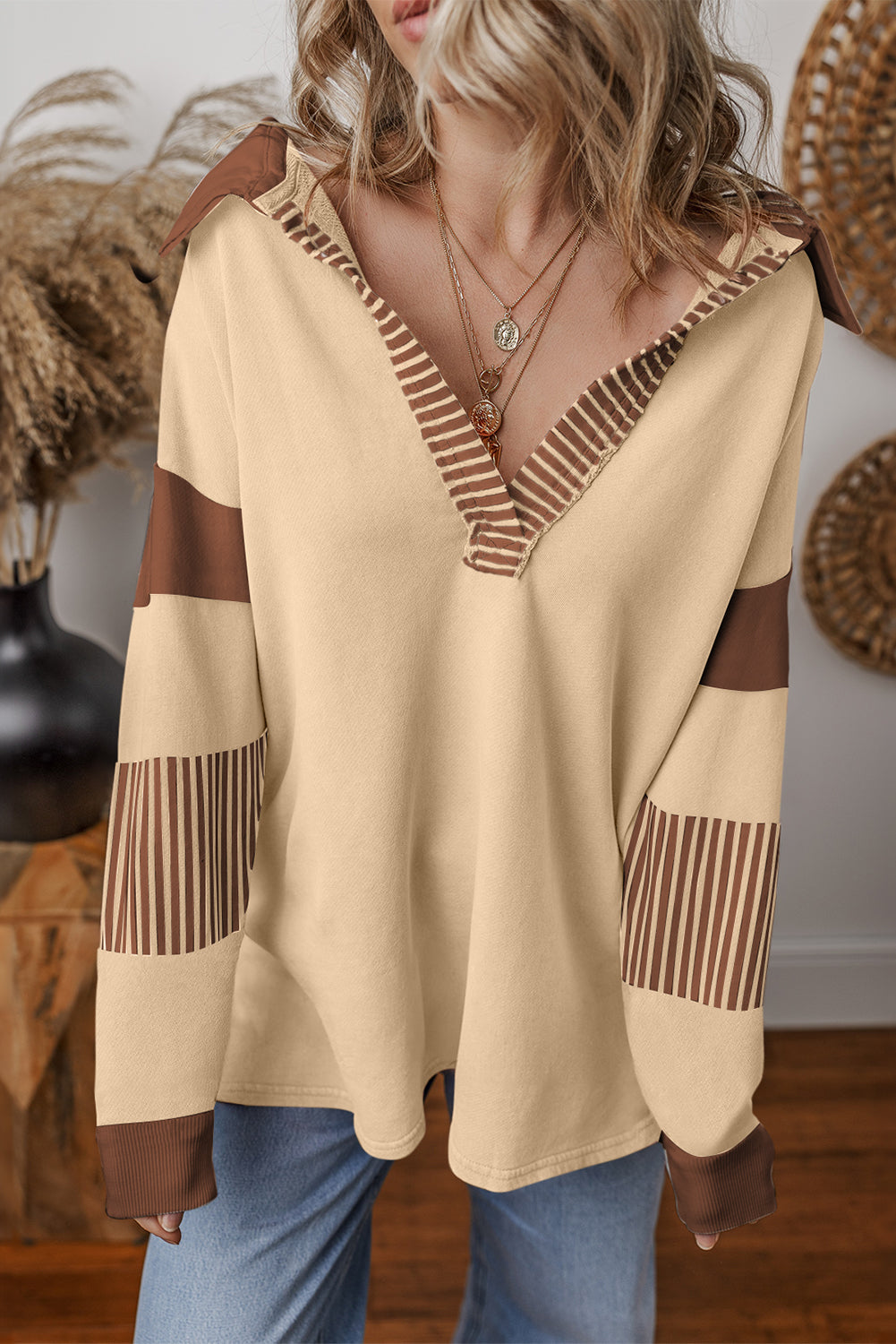 Pink Stripe Color-Block Patchwork Sweatshirt