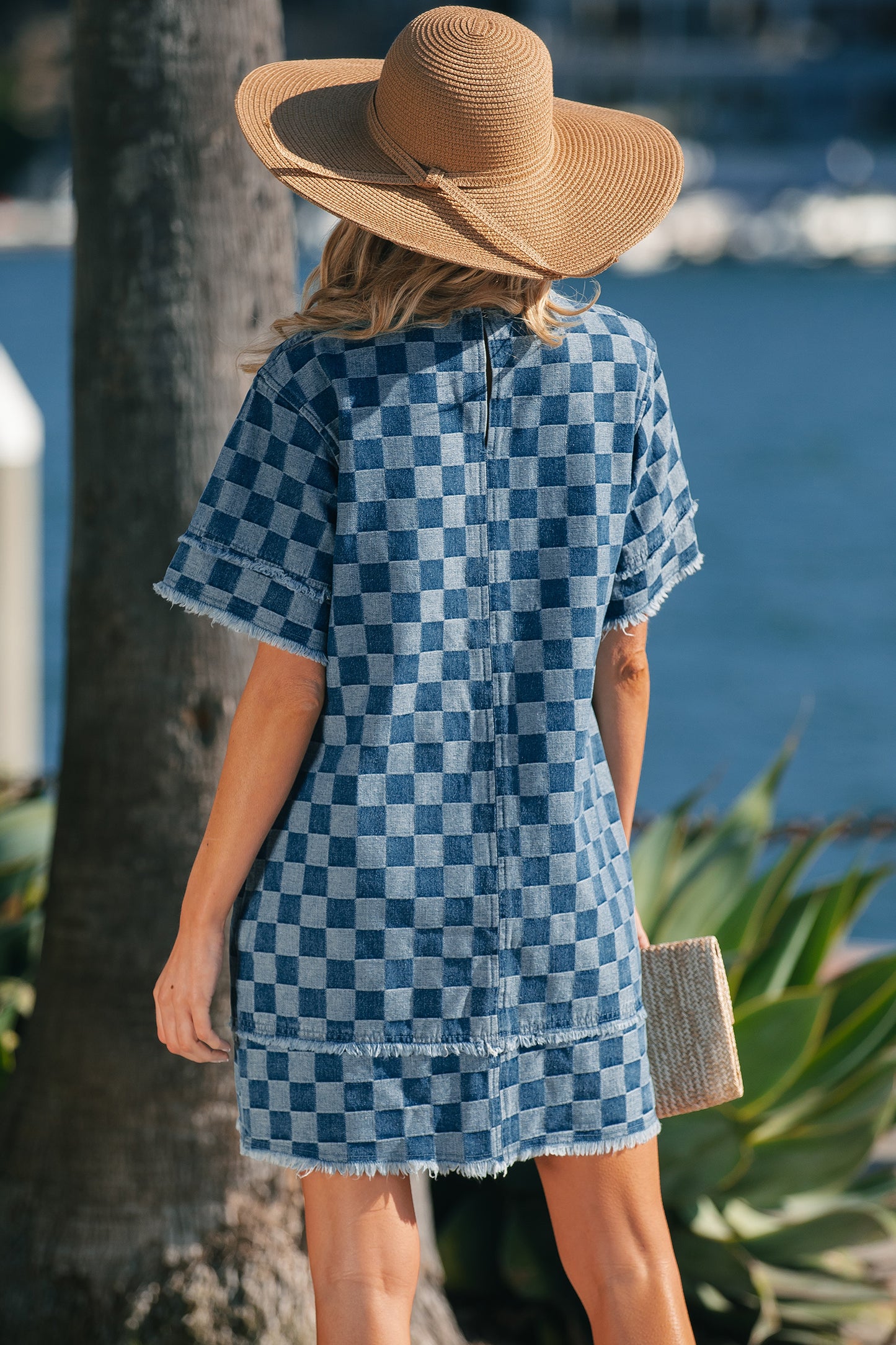 Sky Blue Checkerboard Denim Mini Dress